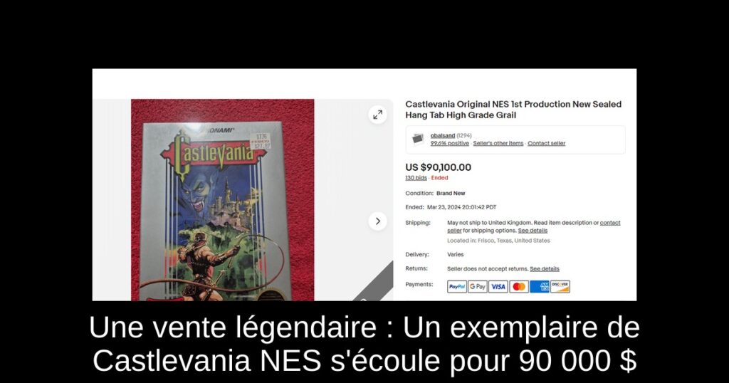 Une vente légendaire : Un exemplaire de Castlevania NES s&rsquo;écoule pour 90 000 $